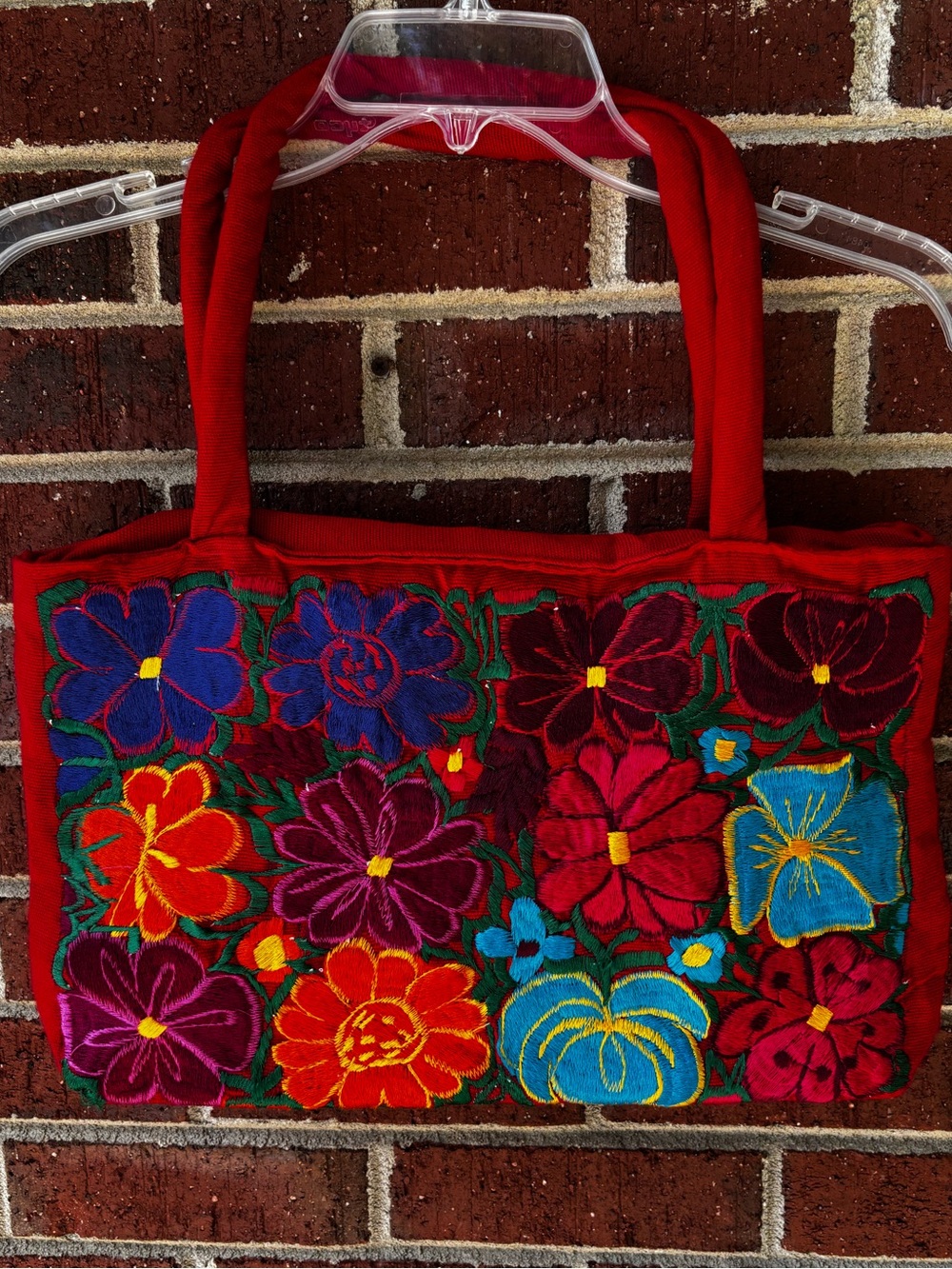 Floral Embroidered tote purse red corduroy boho festival whimsy bag 90s